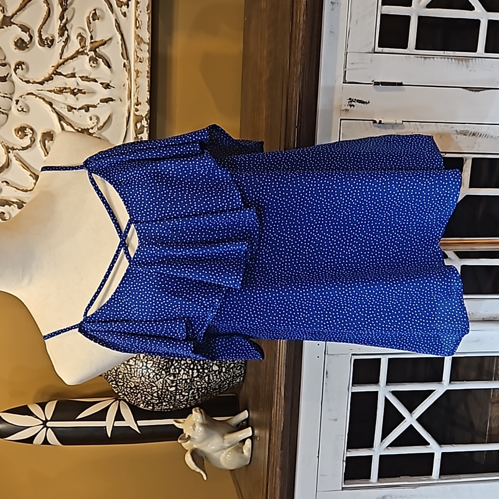 Blue Microdot Cold Shoulder Ruffle Top